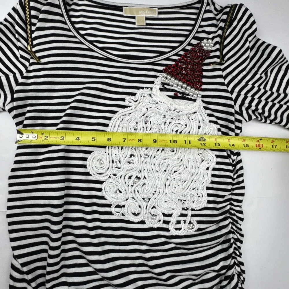 Michael Kors Womens‎ Santa Striped Top M Cotton Holiday Sequin Christmas Shirt